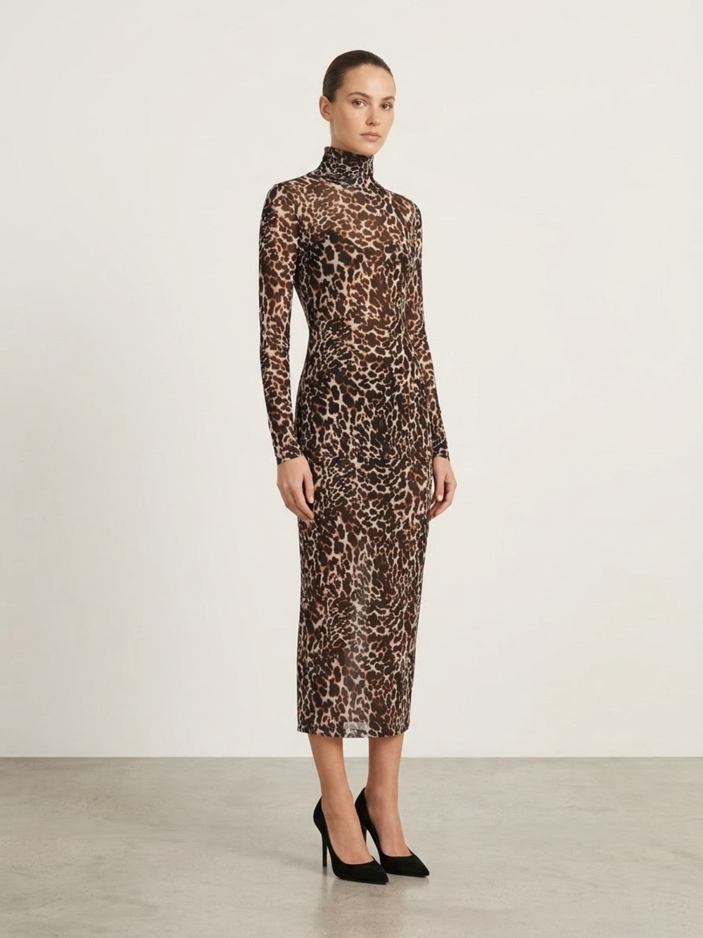 AFRM Leopard Print Long Sleeve Turtleneck Midi Dress - Medium